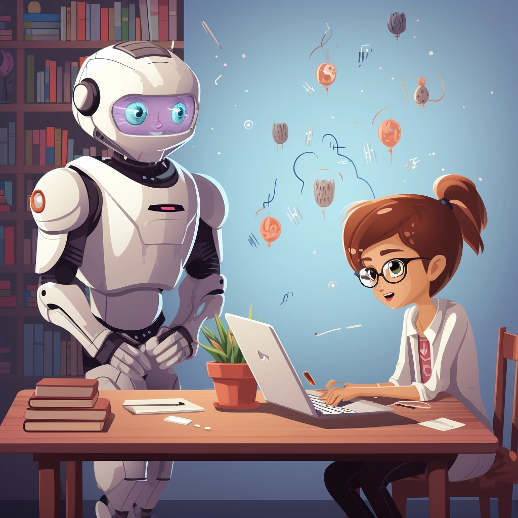 An illustration that captures the essence of "What is AI?", featuring a humanoid robot and a young woman at a desk, symbolizing the interaction between humans and Artificial Intelligence. As the robot observes, the woman works on a laptop, a scene that reflects the role of AI in enhancing learning and productivity. Floating symbols, including a light bulb and gears, represent Artificial Intelligence definitions, generative AI concepts, and the evolution of AI technology. This image encapsulates the history of Artificial Intelligence, general AI principles, and the advantages of artificial intelligence, suggesting a future of AI where machines support and augment human tasks. It also conveys AI Basics and the field of Artificial Intelligence, illustrating what artificial intelligence is with examples, in simple words. This scene is a nod to the continual evolution of AI, showcasing the partnership in narrow AI applications and general intelligence, providing a visual representation of the best definition of artificial intelligence.
