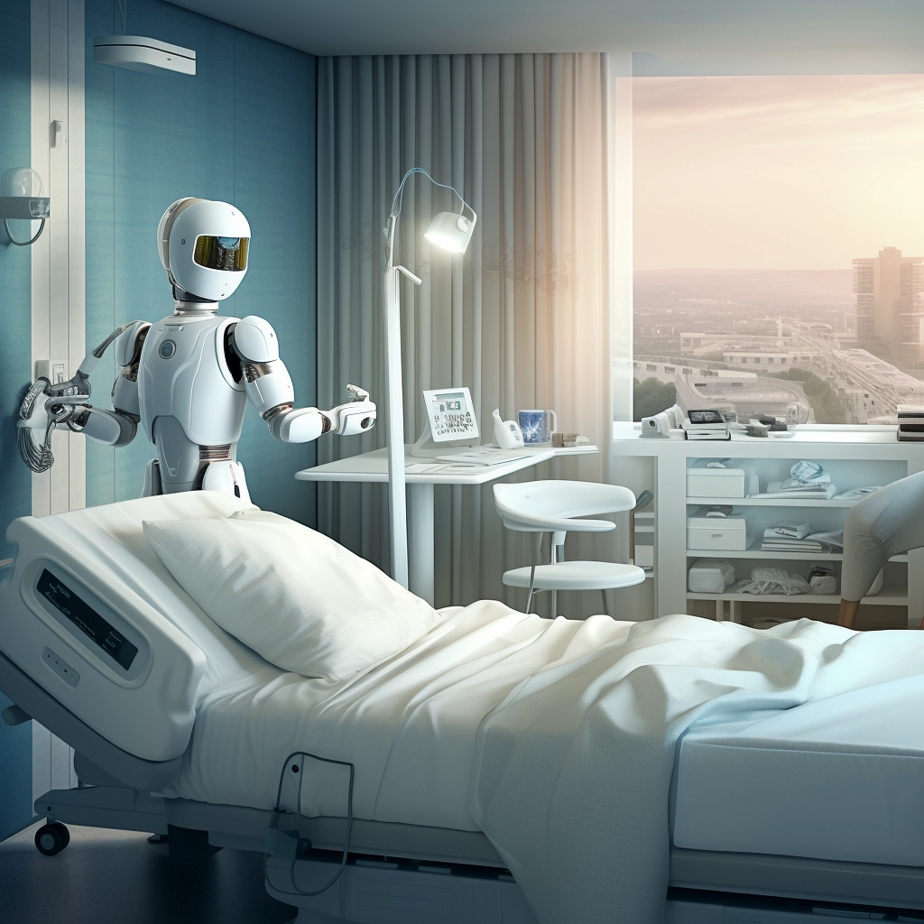An image of a home health AI robot in a medical setting, offering a glimpse into the future of healthcare AI. The robot, poised next to a hospital bed, symbolizes the revolutionary role of artificial intelligence in healthcare, specifically in areas such as AI in medicine, medical AI, and AI medical diagnosis. The scene suggests the use of medical artificial intelligence for patient care, with potential applications in AI drug discovery, AI nursing, AI mental health, AI surgery, and AI dermatology. This visual also touches upon the integration of AI for medical purposes, including artificial intelligence in medical diagnosis, indicating how AI and medical diagnosis are becoming increasingly intertwined. The serene backdrop with soft light hints at the comforting presence of artificial intelligence AI in healthcare, promising advancements in medicine AI and the nurturing aspects of AI healthcare solutions.