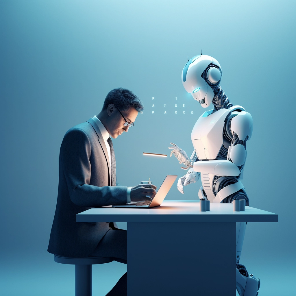 The image features a modern, collaborative scene where a human and a humanoid robot are seated across from each other at a desk, engrossed in work. The man, dressed in business attire, is focused on a tablet, possibly reviewing data or a report, while the robot, equipped with advanced articulation, appears to be in a discussion or consultation with him. The robot's design is sleek and white, indicating a sophisticated level of technology. The background is a cool blue, suggesting a calm and intellectual atmosphere conducive to productive exchanges between human and artificial intelligence. This visual captures the essence of human-AI interaction in a professional setting.