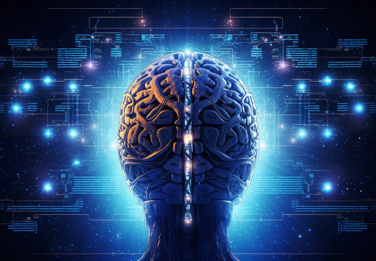 A striking visual that encapsulates the concept of Deep Learning, featuring a human brain set against a backdrop of a digital circuit board. This image serves as an Introduction to Deep Learning, illustrating the brain's neural networks as a metaphor for deep learning neural networks. The glowing connections hint at deep learning algorithms at work, a nod to "How does deep learning work?" It symbolizes the deep learning AI field and is reminiscent of a deep learning tutorial, with the brain representing the learning and processing power of Deep Learning Python programs. The futuristic aesthetic alludes to Deep Learning for Computer Vision and other deep learning applications, suggesting the transformative impact of this technology. This could be an image from a deep learning course or an online deep learning platform, showcasing the fundamentals and techniques of deep learning, its history, and providing a powerful visual for the deep learning definition. It's an emblematic deep learning example, demonstrating deep learning use and implementation.