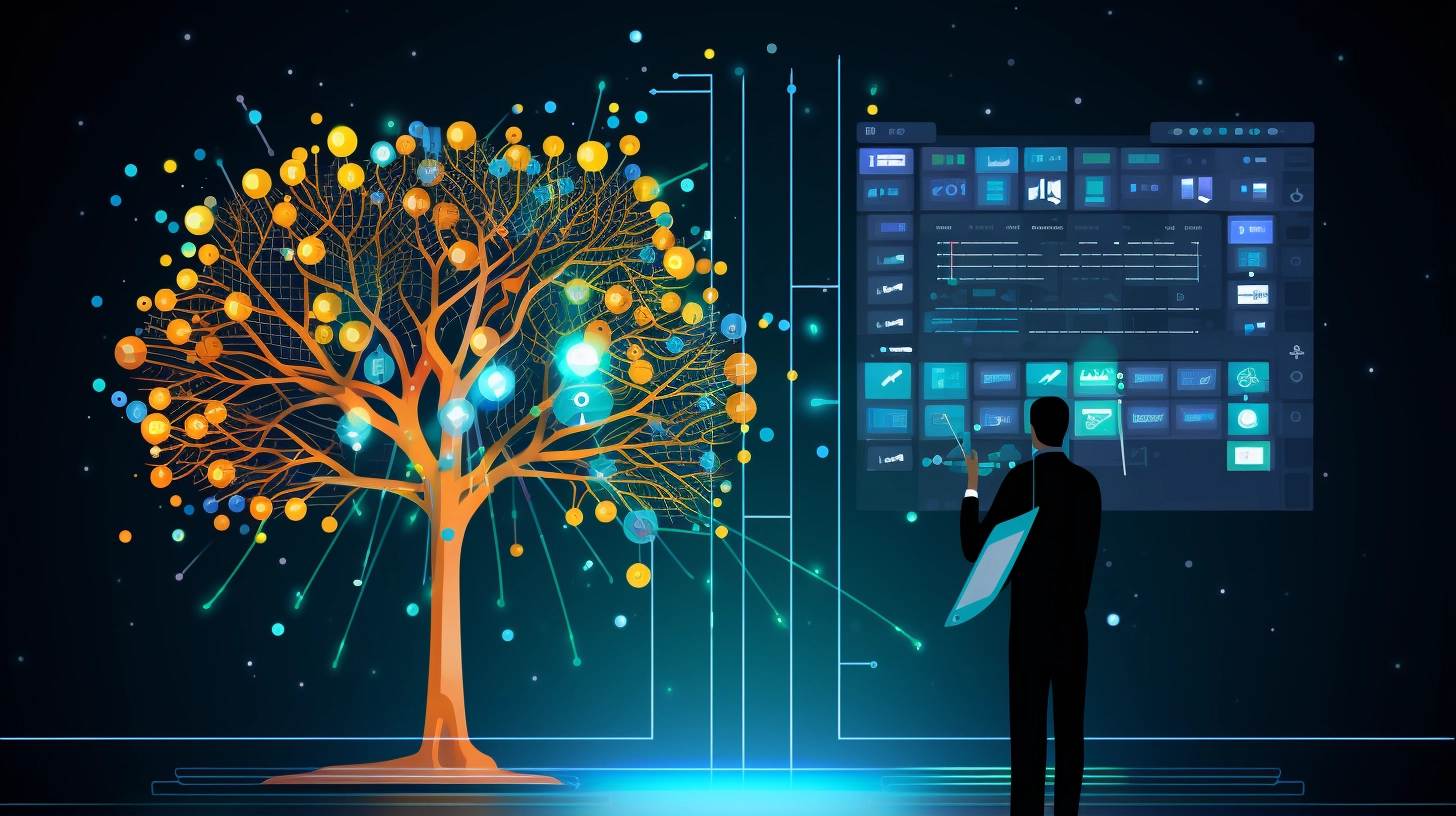 A digital representation of Machine Learning, depicting a luminous tree with branches symbolizing the intricate networks of deep machine learning. A figure interacts with a futuristic interface, possibly engaging with a Machine Learning Tutorial or an Introduction to Machine Learning. The scene suggests the process of learning in machine learning, with nods to AI and deep learning tools like scikit-learn and platforms such as azure machine learning and aws machine learning. The interaction embodies the query "What is Machine Learning?" highlighting machine learning examples and courses. The illustration seamlessly blends the concepts of artificial intelligence and machine learning, with the potential for python machine learning development, encapsulating the collaborative essence of machine learning vs AI.