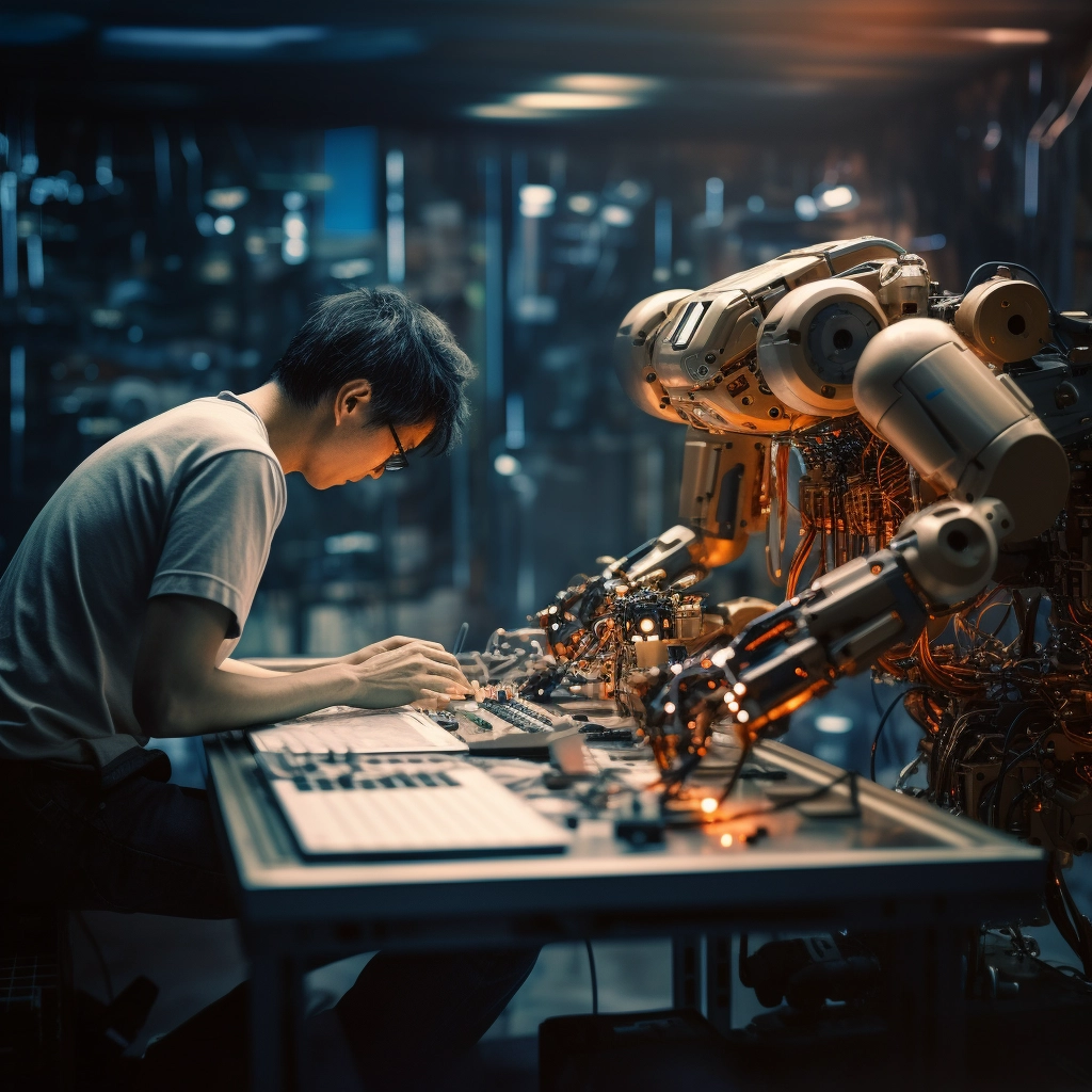 A captivating scene of robotic process automation (RPA) where a person is focused on circuit board assembly with the assistance of AI robots. This image embodies industrial automation, showcasing a sophisticated robotic arm that could represent an automatic guided vehicle or a smart robot engaged in a robotic process. The setup is illustrative of Robotic Process Automation (RPA) technology, highlighting the synergy between human ingenuity and the precision of autonomous robots. The meticulous work being done suggests the utilization of RPA tools and the integration of robotic and automation systems, emphasizing the transformative impact of RPA automation on manufacturing and technology sectors. The atmosphere conveys a deep concentration, where RPA what is being redefined by the collaboration between the human worker and the RPA robot in a futuristic workshop setting.